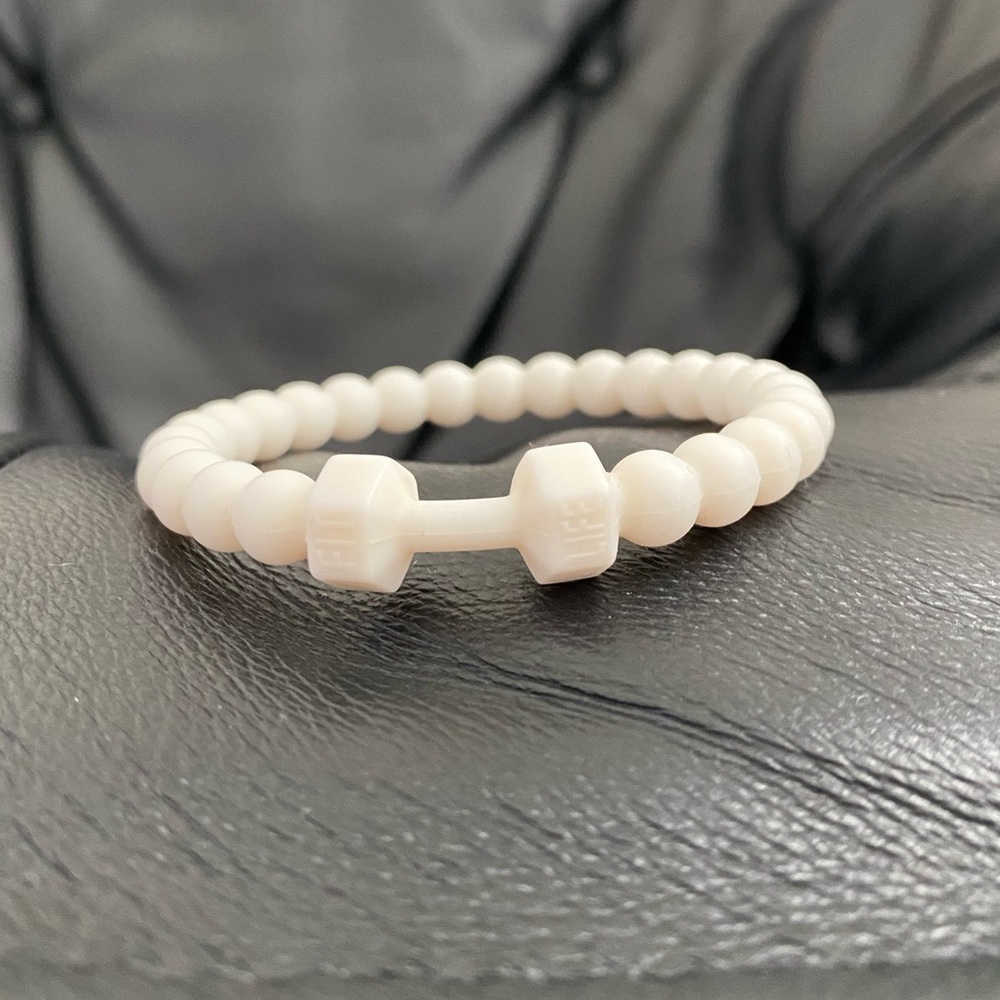 Fit Life White Dumbbell Fitness Bodybuilder Beaded Rubber Bracelet